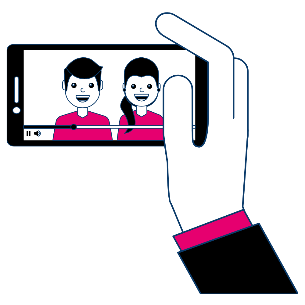 A hand holding a smartphone with a video of two people smiling