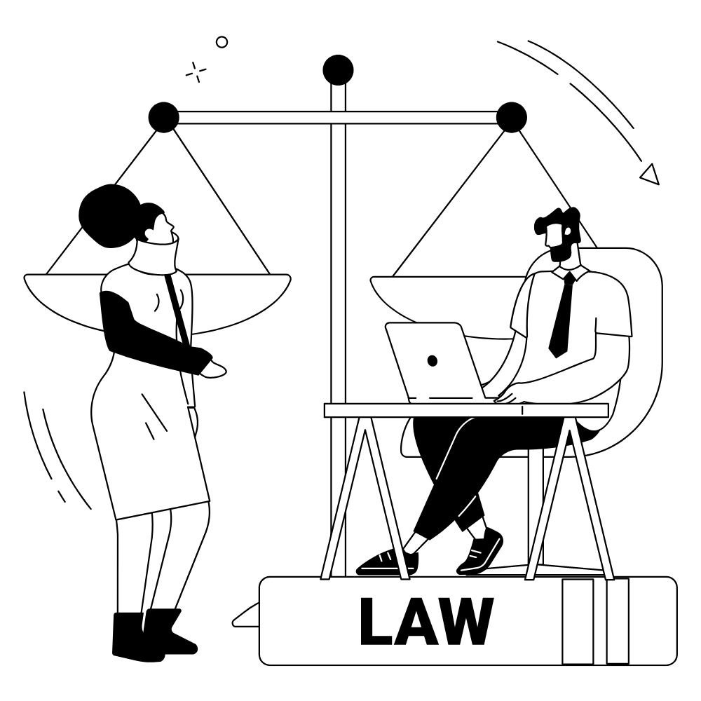 Two people in front of legal scales with the word "law" in front.